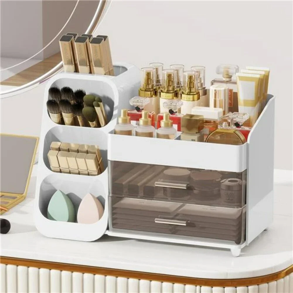 Makeup Organizer with Drawers Vanity Cosmetic Storage Box Brush Holder Skincare